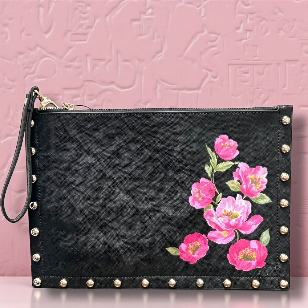 White House Black Market Floral Studded Wristlet Clutch Black Pink Faux Leather